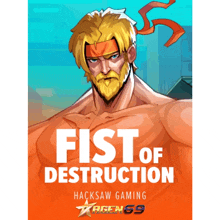 a poster for fist of destruction has a cartoon character on it