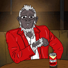 a cartoon of a man in a red jacket sitting at a table with a can of sassy beer in front of him