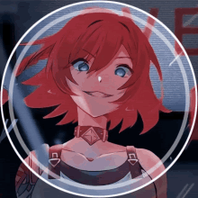 a girl with red hair and blue eyes is in a circle with the letter e on it