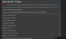 a screenshot of a website that says banned for three days