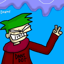 a cartoon character with green hair and a dani dot shirt