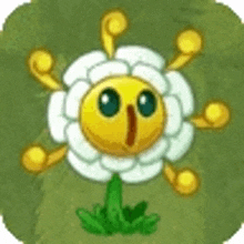 a cartoon flower with a yellow face and a green stem is sitting on a green background .