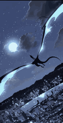 a dragon flying over a city at night with a full moon in the background