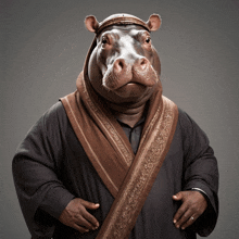 a man dressed as a hippopotamus wearing a robe