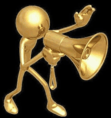 a golden cartoon character is holding a megaphone in his hand .