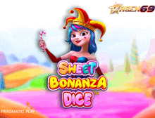 a cartoon girl holding a candy cane with the words sweet bonanza dice below her