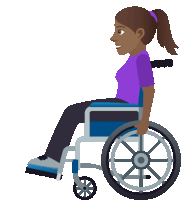 a woman in a purple shirt sits in a blue wheelchair