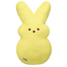 a yellow peep bunny with brown spots on its face is sitting on a white surface .