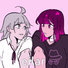 two anime girls are standing next to each other and the word eilar is on the pink background