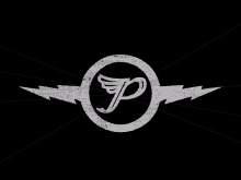 a black and white logo with a lightning bolt and the letter p