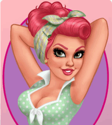 a cartoon drawing of a woman with pink hair wearing a polka dot dress