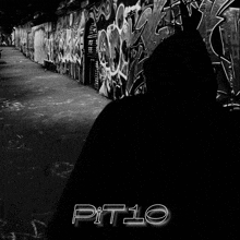 a black and white photo of a graffiti covered wall with the words pit10