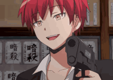 a man with red hair is holding a gun with the word eax on the front