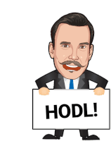 a man in a suit and tie holds a sign that says hodl