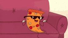 a slice of pizza wearing sunglasses is sitting on a pink couch