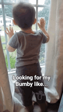 a little boy looking out a window with the caption " looking for my bumby like ... "