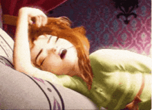 a cartoon of anna from frozen sleeping on a bed