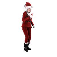 a woman in a santa suit and hat is standing