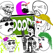 a group of cartoon characters standing around a green sign that says doom