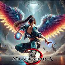 a poster for museum bola shows a girl with wings holding a ball