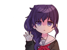 a drawing of a girl with purple hair waving her hand