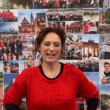 a woman in a red sweater is standing in front of a collage of pictures including one that says hamburg