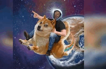 a man is riding a doge on top of the earth .