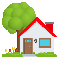 an illustration of a house with a red roof and a tree