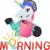 an illustration of a unicorn holding a pink cup of coffee with the word morning below it