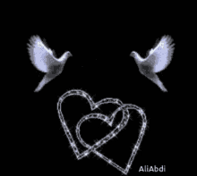 two birds are flying next to two hearts that are connected by chains .