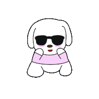 a drawing of a white dog wearing sunglasses and a pink sweater