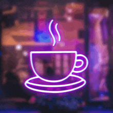 a neon sign of a cup of coffee with smoke coming out of it