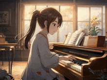 a girl is playing a piano in a room with a sign that says ' a ' on the bottom