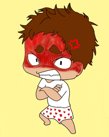 a cartoon of a boy with a red face and hearts on his shorts