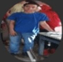 a blurry picture of a young boy in a blue shirt standing in a circle .