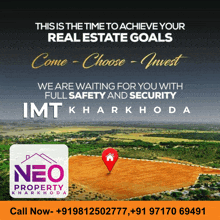 an advertisement for neo property kharkhoda shows an aerial view of a lush green field