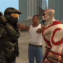 a man in a white tank top is standing next to a spartan and a god of war