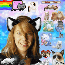 a girl with cat ears is surrounded by pictures of cats and a sign that says relax time