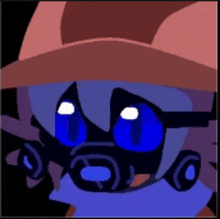 a cartoon character is wearing a hat and glasses and has blue eyes .