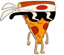 a cartoon drawing of a slice of pizza wearing sunglasses and a headband