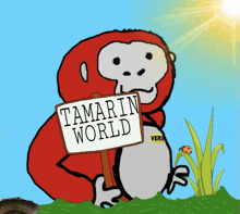 a cartoon monkey holds a sign that says tamarin world