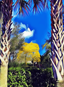 a painting of palm trees and a yellow tree in the background