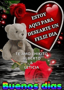 a teddy bear sits in front of a red heart that says estoy aqui para desearte un feliz dia