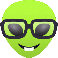 a green alien wearing glasses and a smile on his face