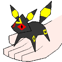 a pixel art drawing of a black and yellow pokemon on someone 's hand