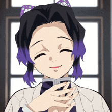 a girl with purple hair is smiling and holding her hand to her chest