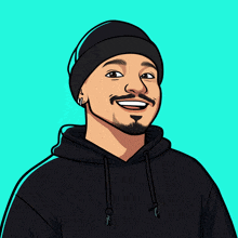 a cartoon drawing of a man wearing a black hoodie and a beanie