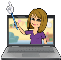 a cartoon of a woman holding a blue stick pointing up in front of a laptop