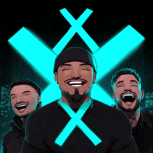 a cartoon of three men laughing with a blue cross in the background