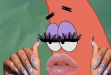 a woman with long nails is holding a picture of patrick star with fake eyelashes .